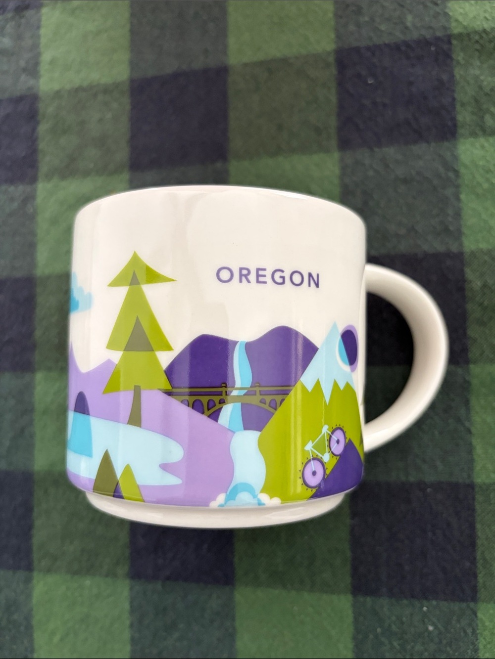 Starbucks Oregon Ceramic Travel Mug with Green and Purple Nature Design